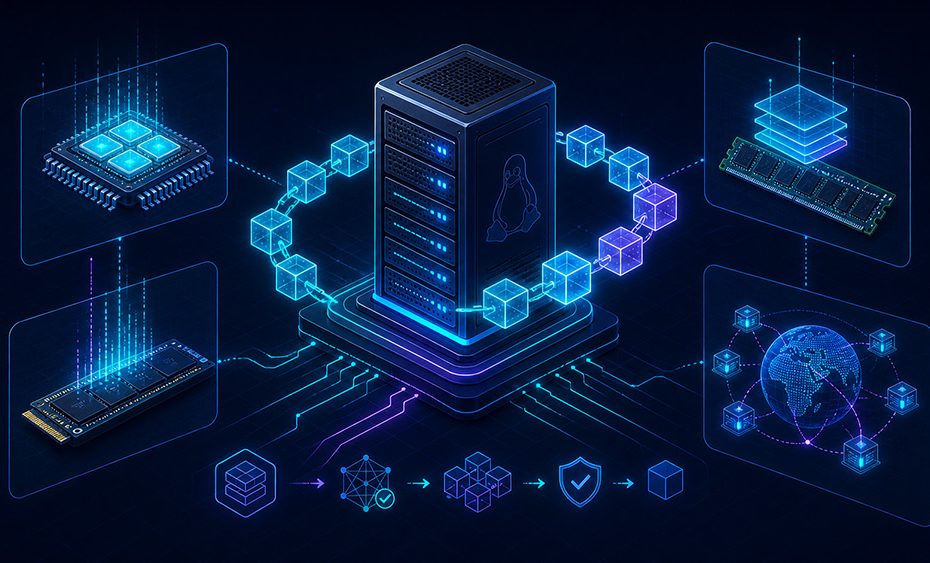 Blockchain testnet node running on a VPS, surrounded by CPU, RAM, NVMe storage, and peer network connections.