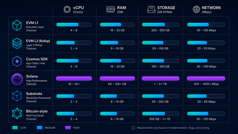 Infographic comparing CPU, RAM, storage, and network requirements across blockchain testnet node types